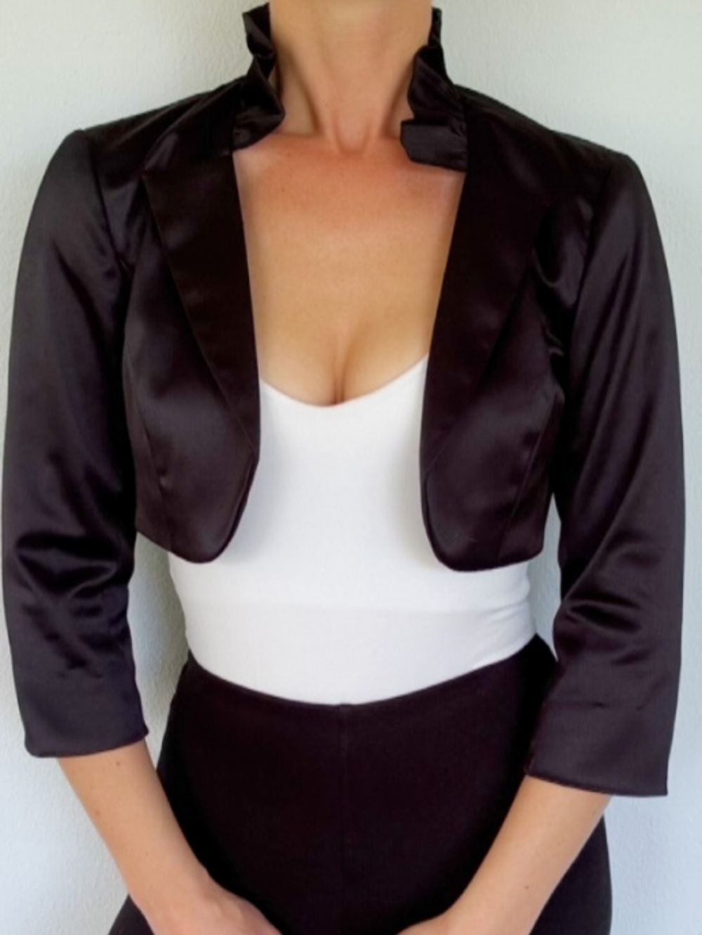 White House Black Market black satin ruffle collar bolero crop jacket size XS